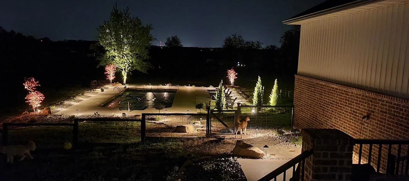 Pool and landscape illuminated with professional outdoor lighting at night
